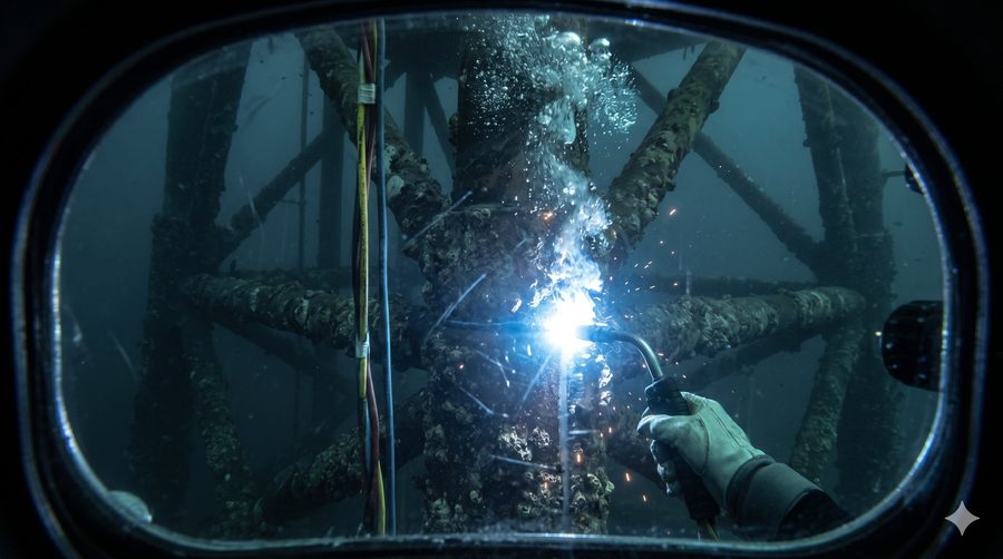 POV through a diving helmet of an underwater welder working on a rig — experience a career first-hand