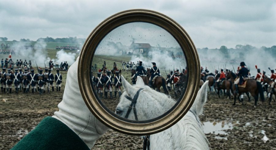 A historical Napoleonic battlefield viewed through a looking glass from horseback — history brought vividly to life