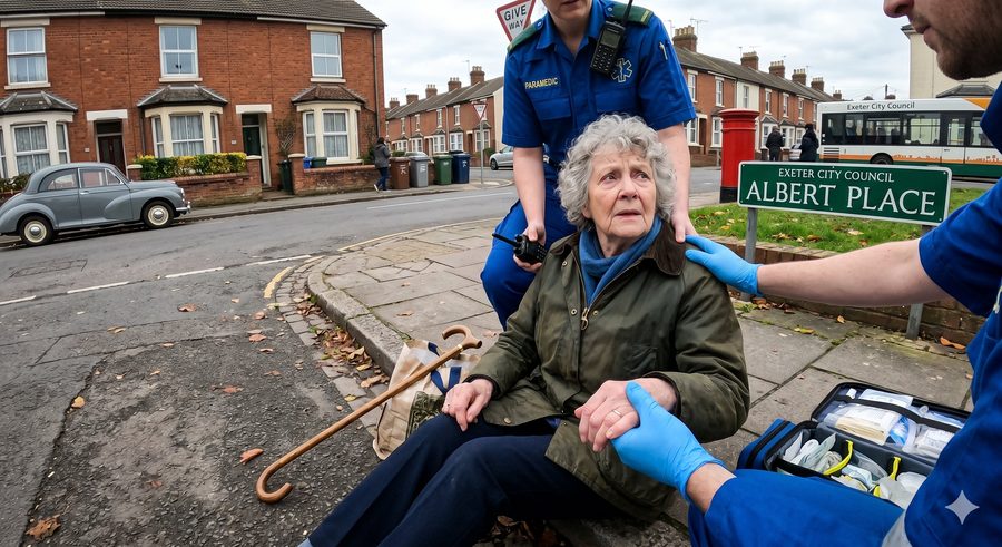 Paramedics attending to an elderly woman who has fallen on a UK street — true-to-life training scenario