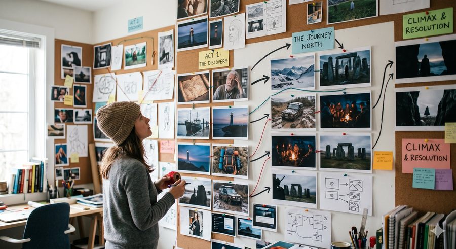 A writer mapping a branching story across a wall of images and storyboard notes — we turn your objectives into a narrative