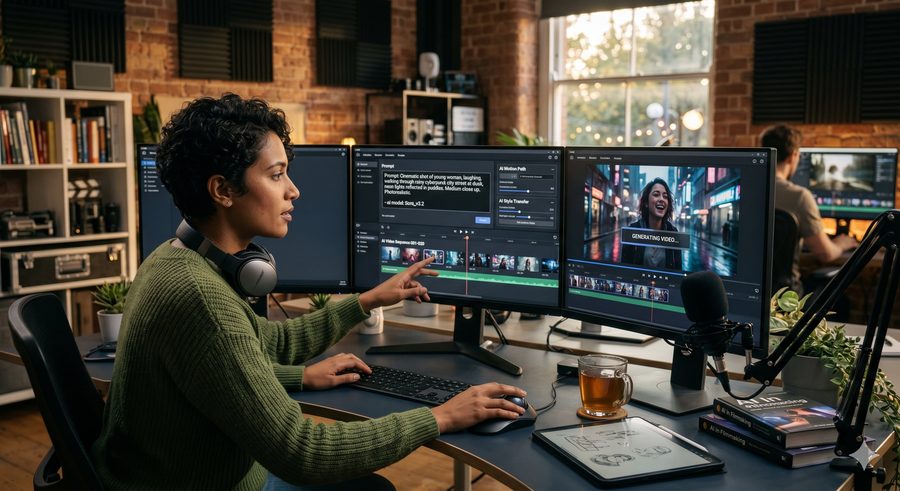 An editor generating cinematic AI video at a studio editing suite — generative AI brings your scenarios to life, no cameras or crew