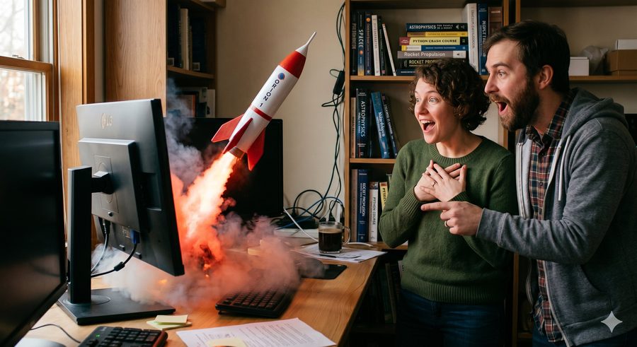 An excited pair watching a rocket launch from their computer screen — your finished experience goes live on desktop, mobile or VR